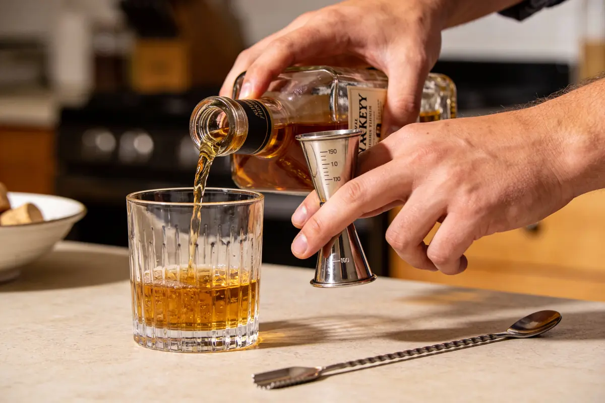 Des mains versent du whisky d'une bouteille dans un verre, un jigger et une cuillère de bar sur le comptoir.