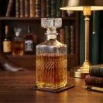 Carafe whisky cristal rectangulaire, motifs diamant, bouchon carré, spiritueux ambrés.