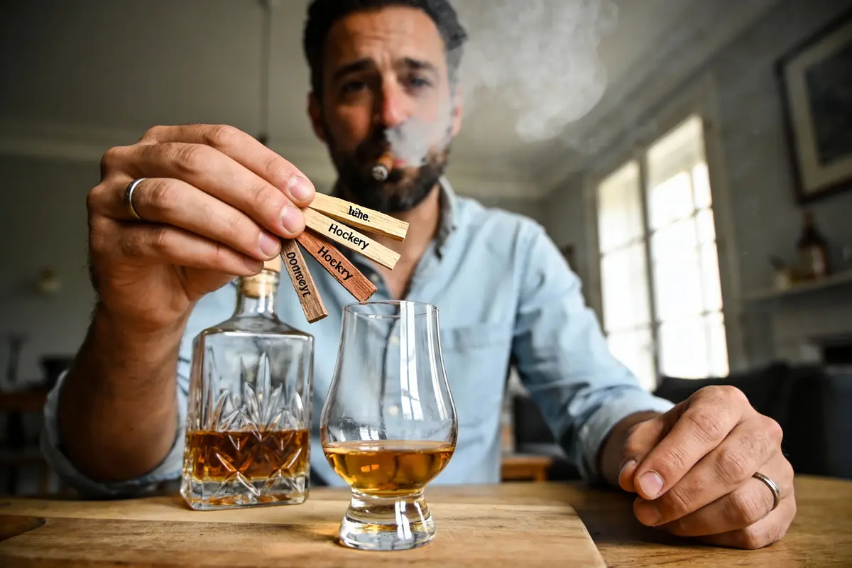 Un homme fume un cigare, tenant des copeaux de bois étiquetés au-dessus d'un verre de whisky.