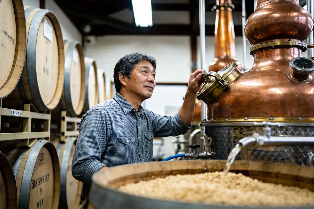Un maître distillateur vérifie un alambic en cuivre, entouré de fûts de whisky et de malt en cuve.