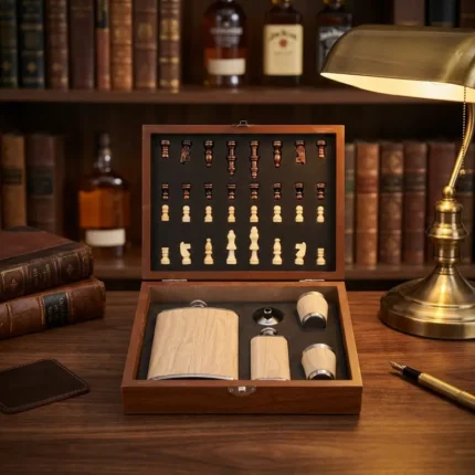 Coffret portable bois marron flasque whisky et jeu d'échecs, pièces et accessoires argentés.