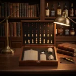 Coffret en bois marron avec flasques whisky acier inoxydable et jeu d'échecs portable.