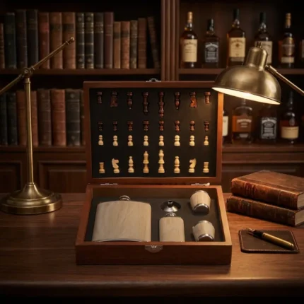 Coffret en bois marron avec flasques whisky acier inoxydable et jeu d'échecs portable.