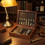 Coffret portable en bois brun, flasque whisky camouflage, jeu d'échecs et accessoires dégustation.