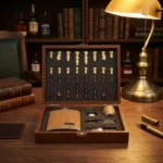 Coffret portable en bois naturel avec flasque whisky, jeu d'échecs et accessoires.