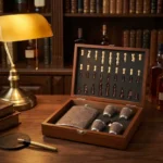 Coffret bois portable jeu d'échecs et flasque whisky texturée marron, verres.