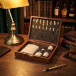 Coffret bois brun portable flasque whisky, verres nude, jeu échecs miniature.