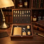Coffret cadeau bois brun, flasque whisky texturée, jeu d'échecs portable et accessoires.