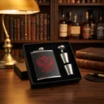 Flasque whisky acier inoxydable noire aigle bicéphale, verres, entonnoir, coffret cadeau
