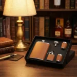 Coffret flasque whisky acier inoxydable marron, entonnoir, verres, mini-flasque, boîte cadeau noire.