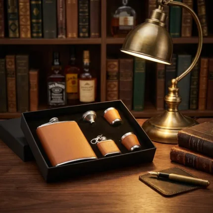 Coffret flasque whisky acier inox et cuir marron avec entonnoir, verres, mini flasque