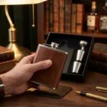 Coffret flasque whisky acier inoxydable marron, entonnoir, verres, mini-flasque, boîte cadeau noire.