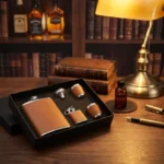 Coffret flasque whisky acier inoxydable marron, entonnoir, verres, mini-flasque, boîte cadeau noire.