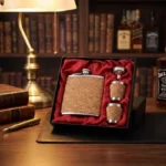 Flasque whisky de poche en liège et métal, avec entonnoir, gobelets, dans coffret cadeau rouge.
