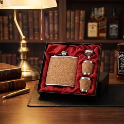 Flasque whisky de poche en liège et métal, avec entonnoir, gobelets, dans coffret cadeau rouge.