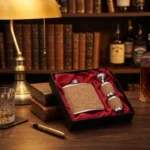 Flasque whisky de poche en liège et métal, avec entonnoir, gobelets, dans coffret cadeau rouge.