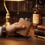 Flasque whisky de poche en liège et métal, avec entonnoir, gobelets, dans coffret cadeau rouge.