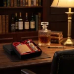 Flasque whisky de poche en liège et métal, avec entonnoir, gobelets, dans coffret cadeau rouge.