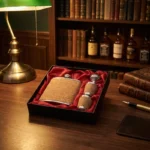 Flasque whisky de poche en liège et métal, avec entonnoir, gobelets, dans coffret cadeau rouge.