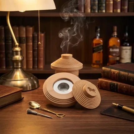 Fumoir Whisky Portable en bois clair étagé, logo cheval, avec kit copeaux.
