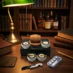 Coffret fumoir whisky portable bois, glaçons inox, copeaux et accessoires mixologie.