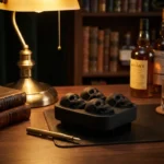 Moule glaçons whisky silicone noir, quatre crânes réalistes en 3D.