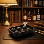 Moule silicone noir 6 glaçons whisky sphériques réutilisables, avec entonnoir.