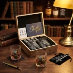 Coffret SOVYIME whisky luxe pierres granit gris, verres cristal, boîte bois gravée