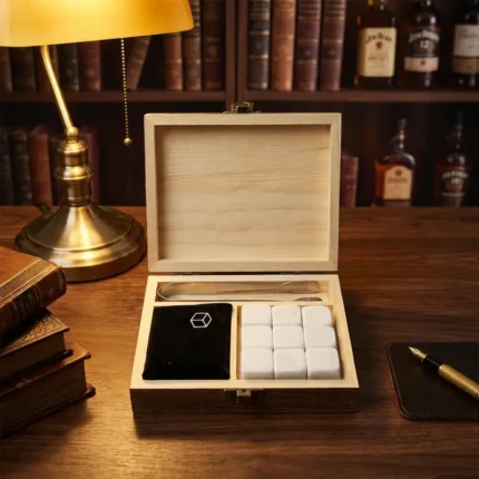 Coffret Pierres Whisky Granit Naturel avec pince inox et sac velours.