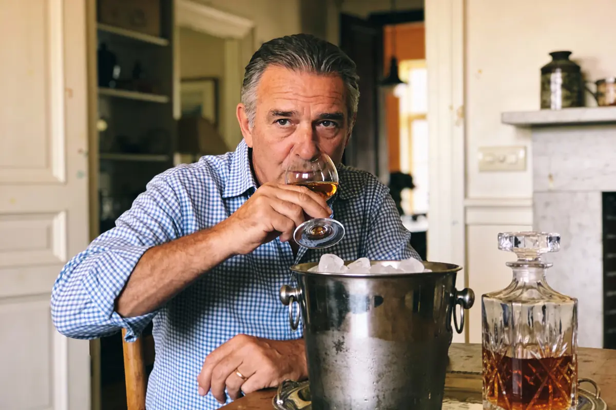 Homme d'âge mûr en chemise à carreaux dégustant un verre de whisky, avec carafe et seau à glace sur une table.