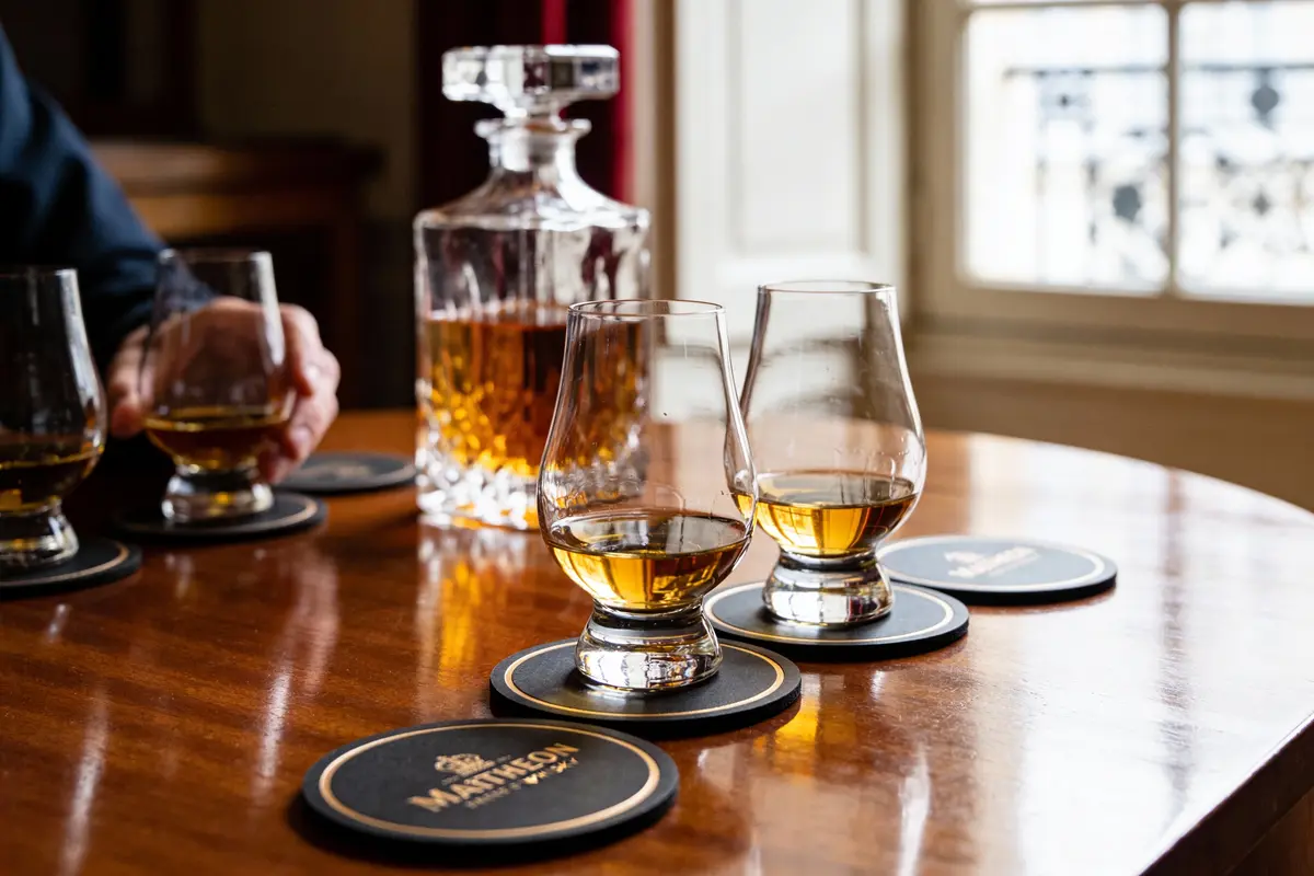 Dégustation de whisky : verres, carafe et sous-verres sur une table en bois polie, avec une main tenant un verre.