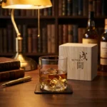 Ensemble de deux verres à whisky martelés japonais SENGEN, fond Mont Asama, coffret bois.