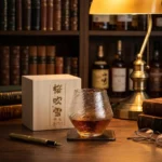 Verres dégustation whisky japonais martelés présentés dans un coffret en bois calligraphié.
