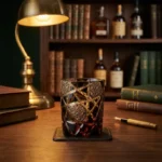 Verre dégustation whisky noir mat, motifs martelés style japonais, reflets ambrés.