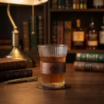 Verre whisky cannelé, manchon bois noyer foncé, motif japonais gravé.