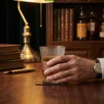 Verre whisky cannelé, manchon bois noyer foncé, motif japonais gravé.
