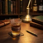 Verre whisky cannelé, manchon bois noyer foncé, motif japonais gravé.