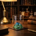 Verre whisky montagne enneigée gravée, fond 3D, dégradé bleu-vert, style rétro, vue rapprochée.