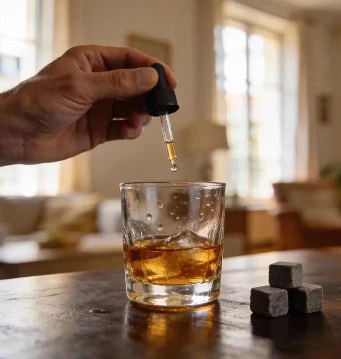 Une main ajoute des gouttes à un verre de whisky avec pierres à whisky, posé sur une table en bois dans un salon.