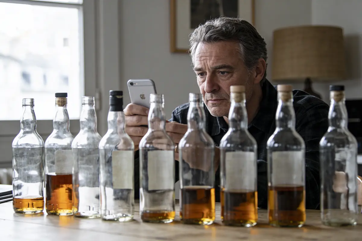 Un homme examine des bouteilles de whisky alignées sur une table, consultant son téléphone.