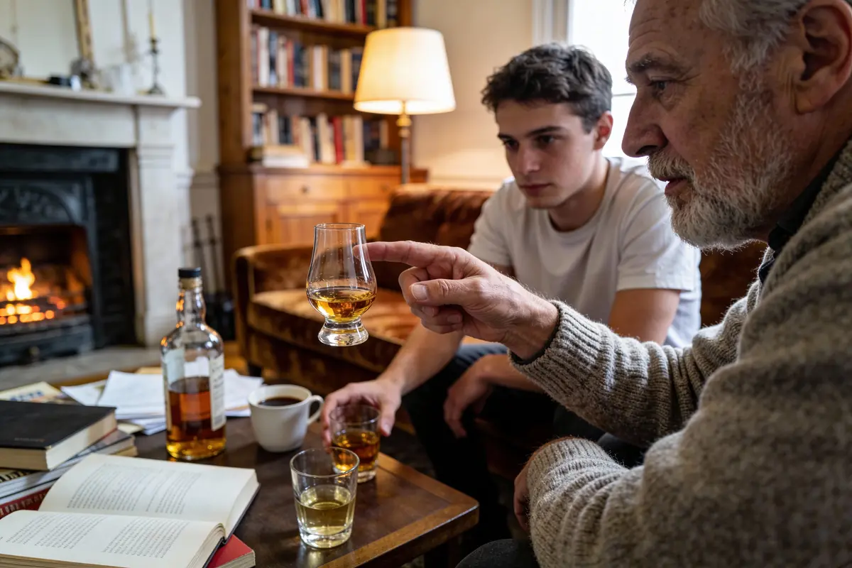 Un homme âgé montre un verre de whisky à un jeune homme attentif, dans un salon confortable avec cheminée et livres.