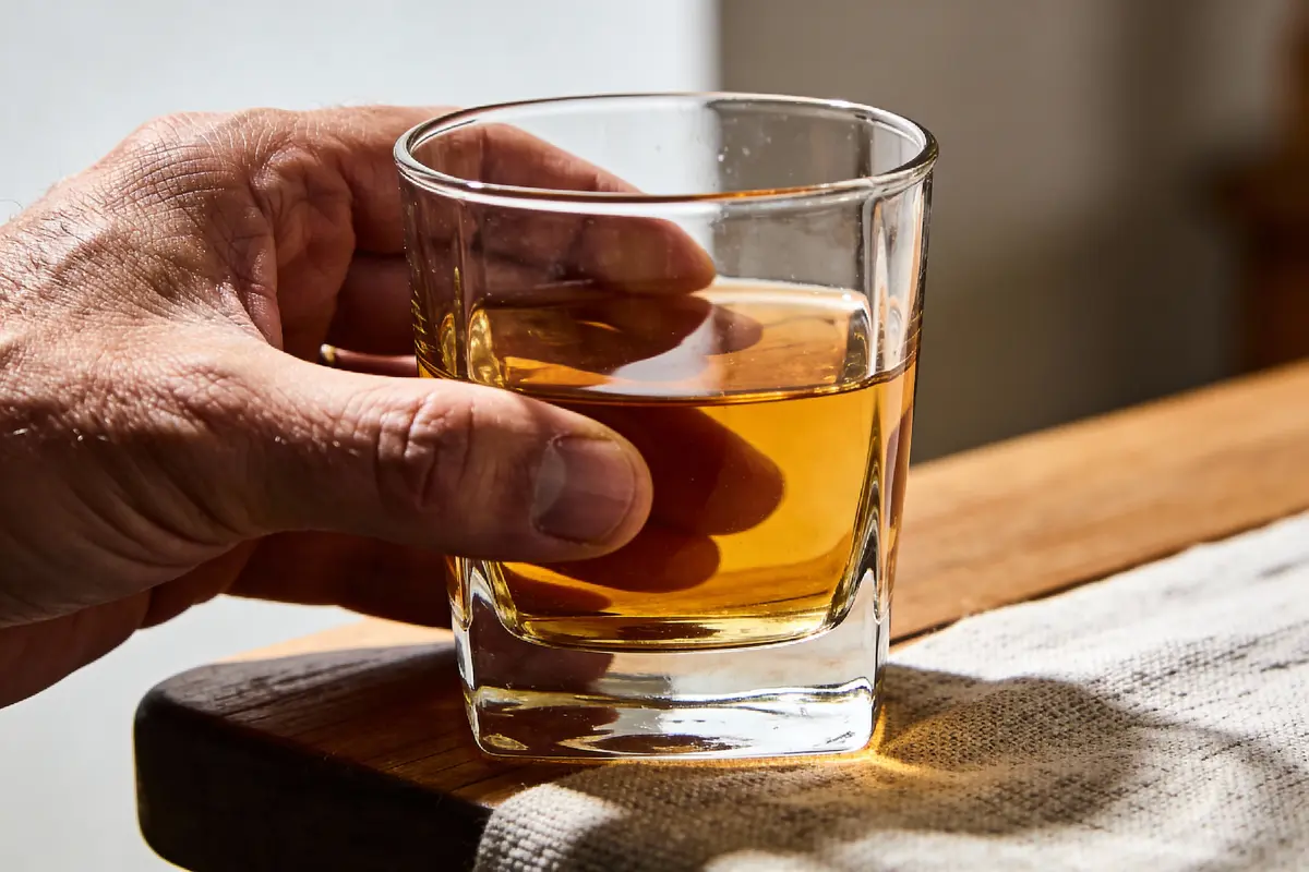 Main tenant un verre de whisky doré sur une table en bois, avec des ombres de lumière du soleil et un tissu.