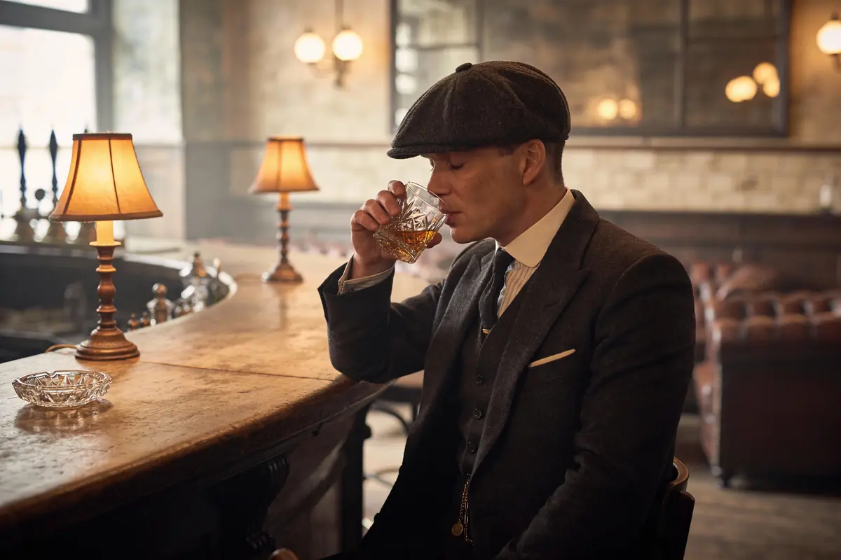 Homme élégant en casquette et costume boit du whisky dans un bar ambiance rétro.