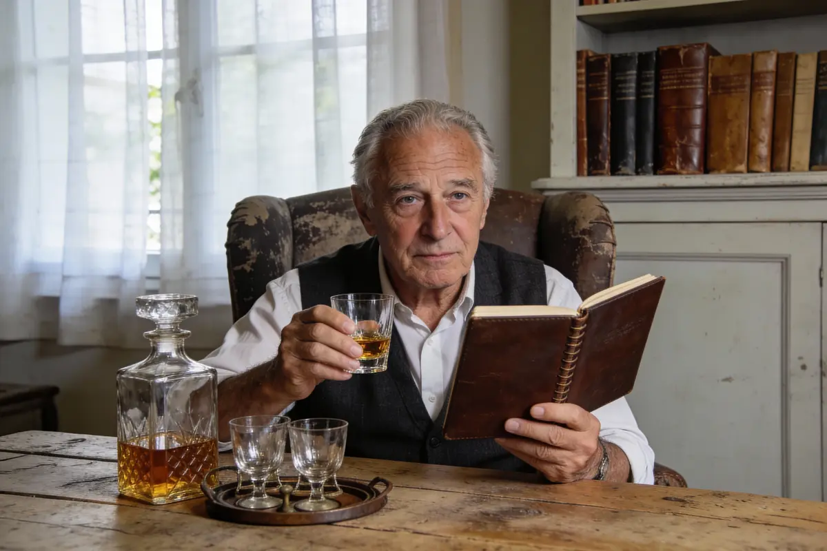 Homme âgé regardant l'objectif, avec un verre de whisky et un livre, un décanteur sur une table en bois.